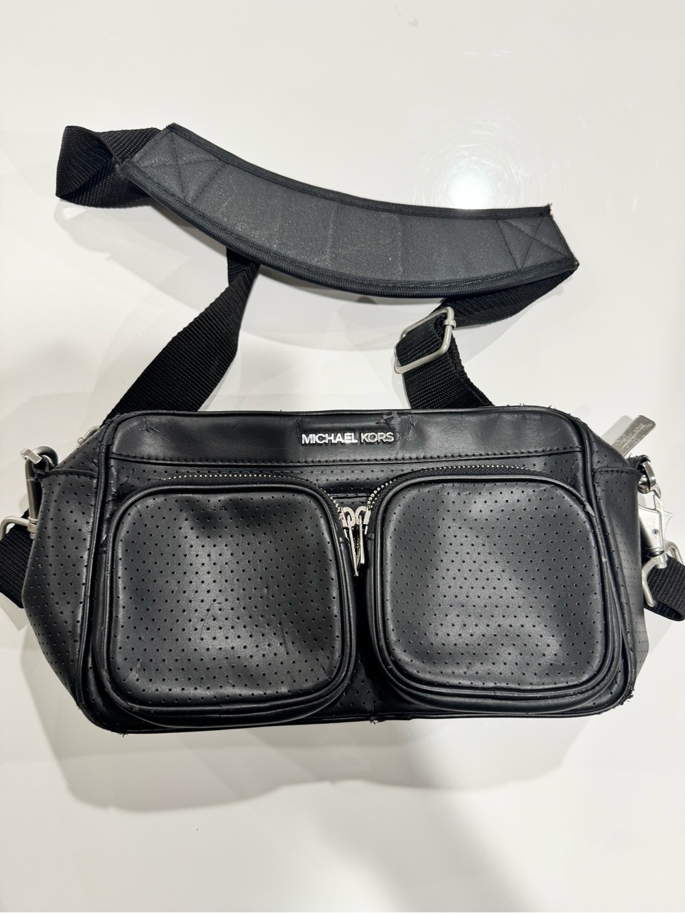 Michael Kors Black Perforated Dual-Pocket Messenger Bag